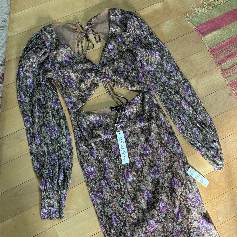 For Love & Lemons Purple Metallic Floral Long Sleeve Maxi Dress
